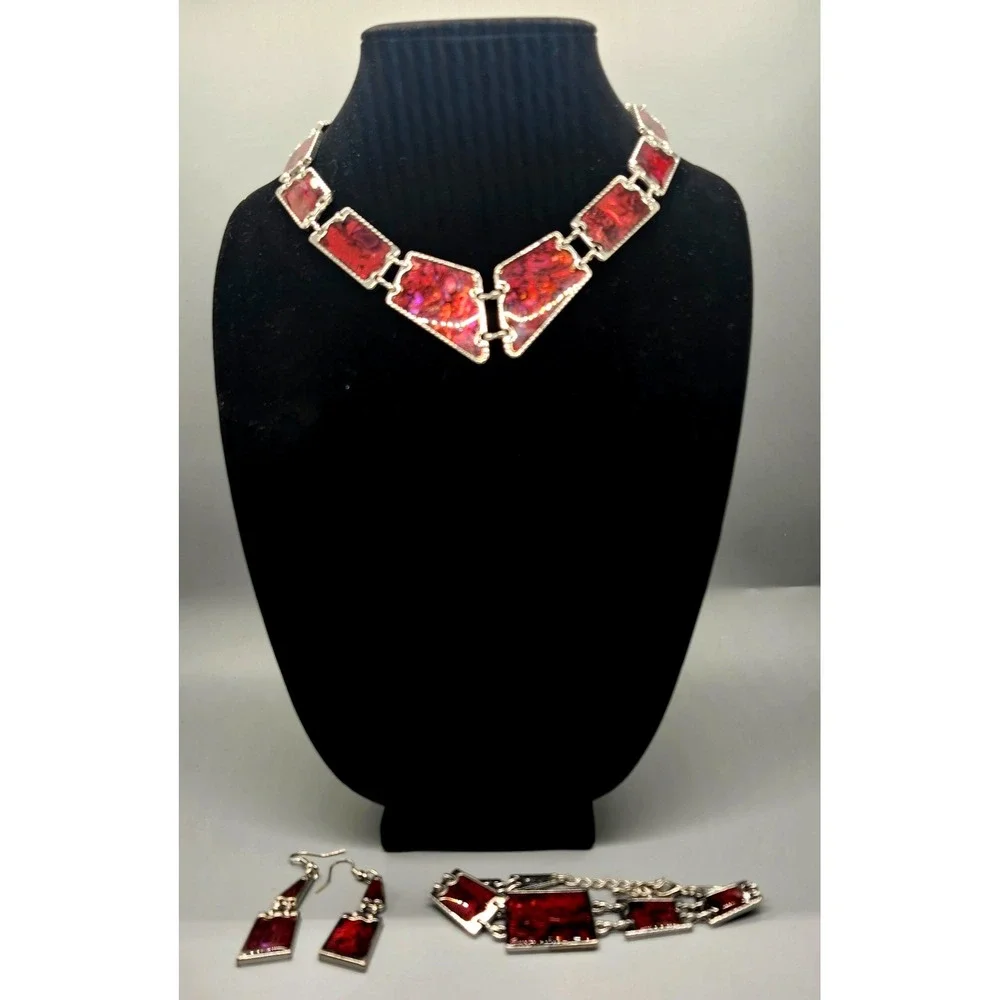 Red Abalone Earrings, Bracelet, V Necklace Set Silver Tone Link Plaques